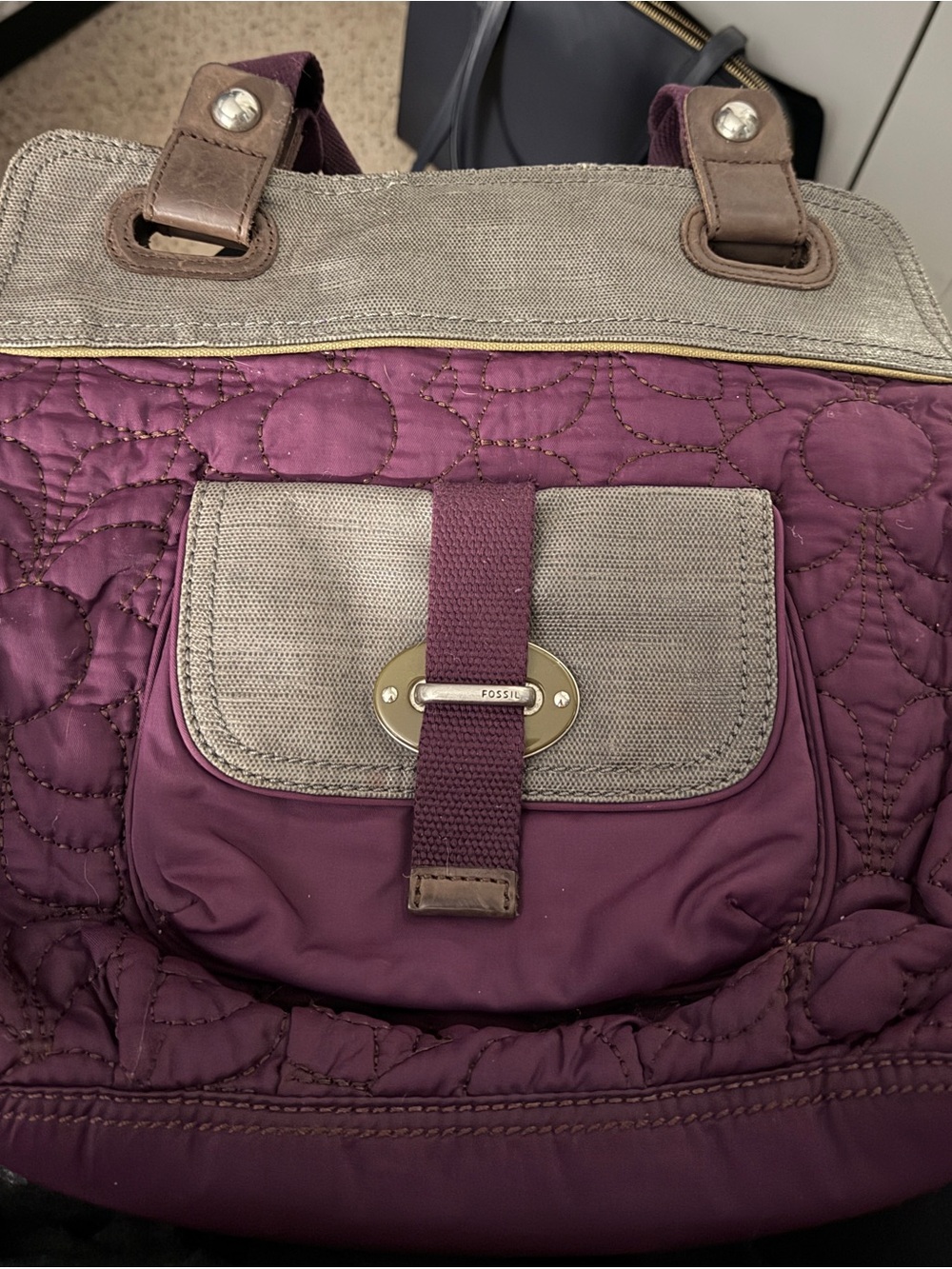 Fossil Key-Per Quilted Canvas Hobo Bag in Plum Purple / Metallic Gray